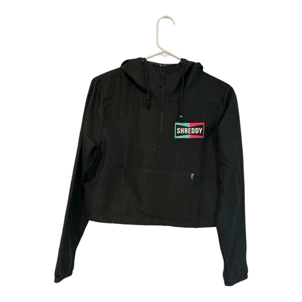 Shreddy Women’s Cropped Windbreaker Jacket XS Black Hooded Pullover Retro Logo